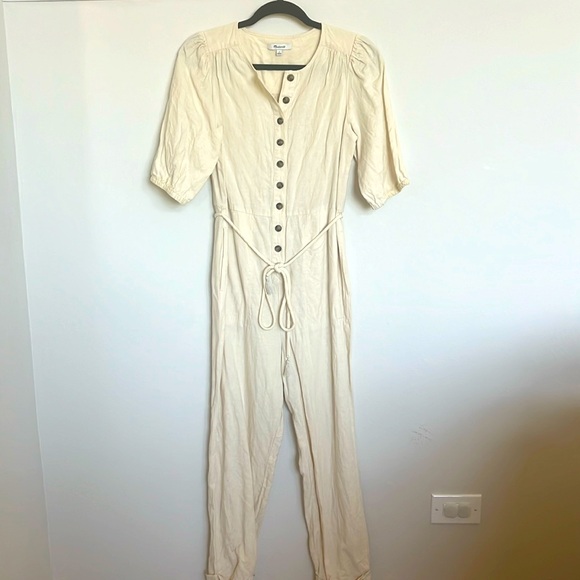 MADEWELL Puff Sleeve Tassel Waist-tie Linen Blend Jumpsuit, Size Small in Bone - Picture 1 of 8